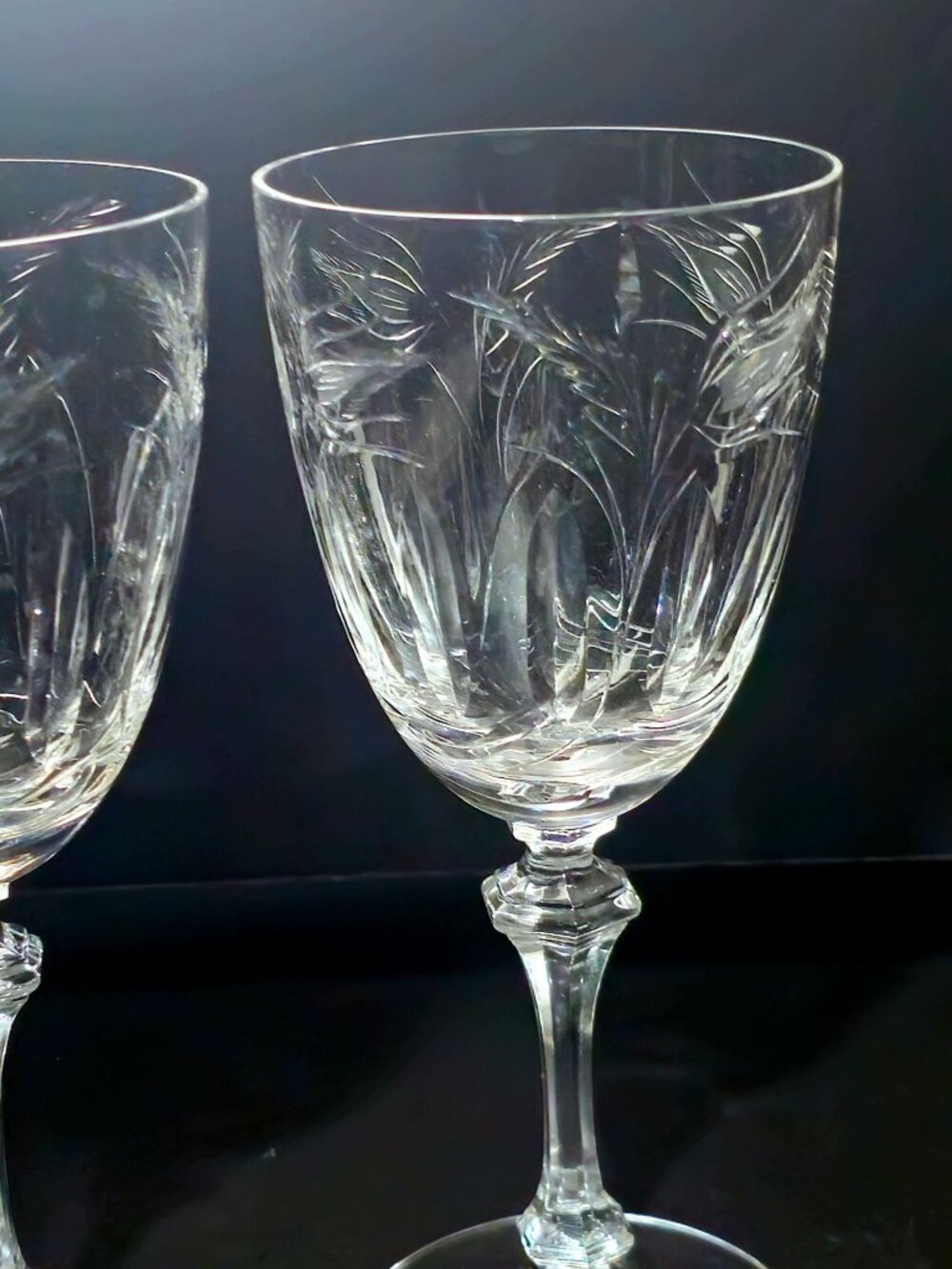 2 Tiffin Franciscan Moss Ross Water Goblets Etched Crystal Wine Glasses rare 60s - Picture 3 of 7
